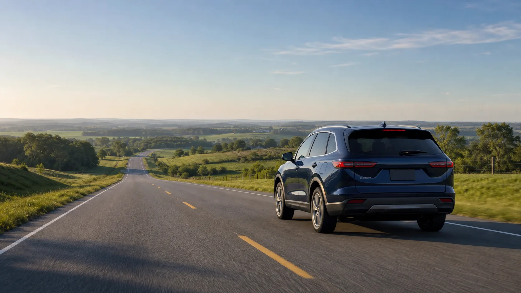 A vehicle traveling an open road through Ohio countryside